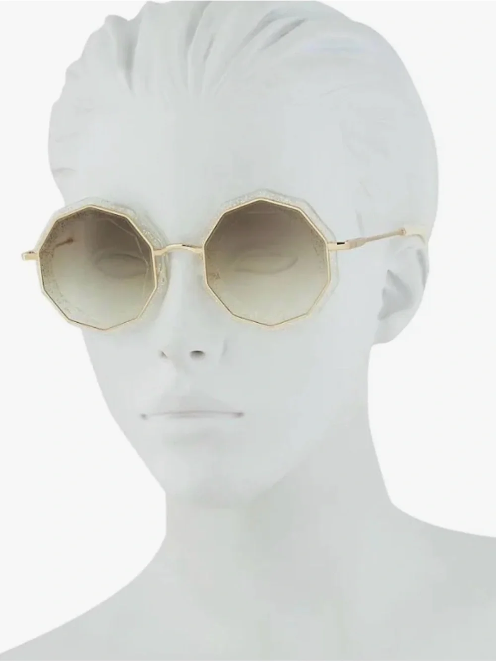 Chloe White Glitter Octagonal Sunglasses with Gold Temples